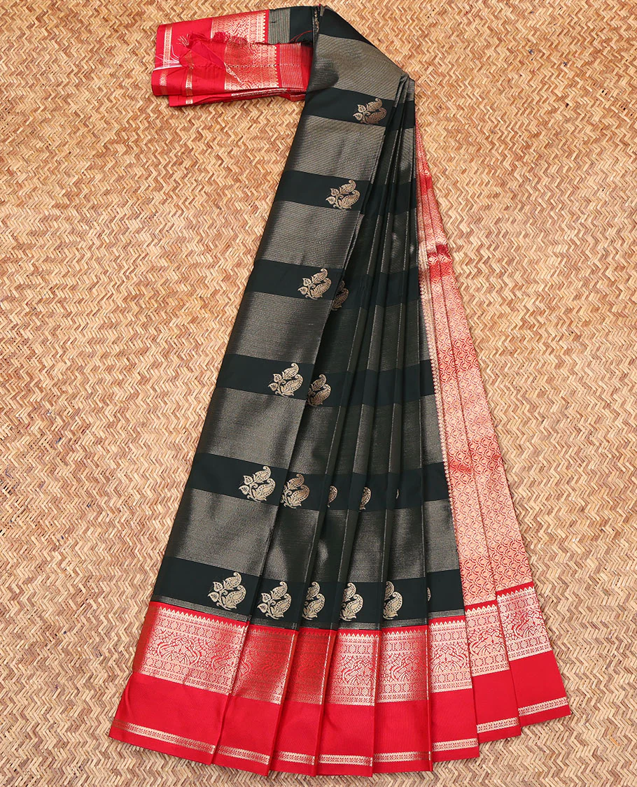Green Budget Silk Saree, Decorated with Zari Buttas and Zari Stripes All Over Its Body, Complemented by a Contrast Traditional Zari Design Rettai Pettu Border, Grand Jaal Pallu, and Paired with a Contrast Blouse - Image 2