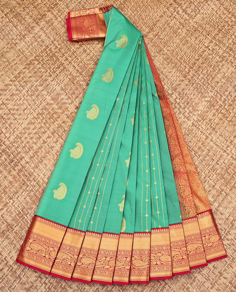 Green Budget Silk Saree, Delicately Woven with Paisley Buttas and Stripes All Over Its Body, Complemented by a Contrast Traditional Zari Design Border, Grandly Jaal-Design Pallu, and Paired with a Contrast Blouse - Image 2