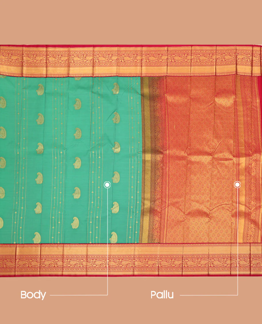 Green Budget Silk Saree, Delicately Woven with Paisley Buttas and Stripes All Over Its Body, Complemented by a Contrast Traditional Zari Design Border, Grandly Jaal-Design Pallu, and Paired with a Contrast Blouse - Image 3