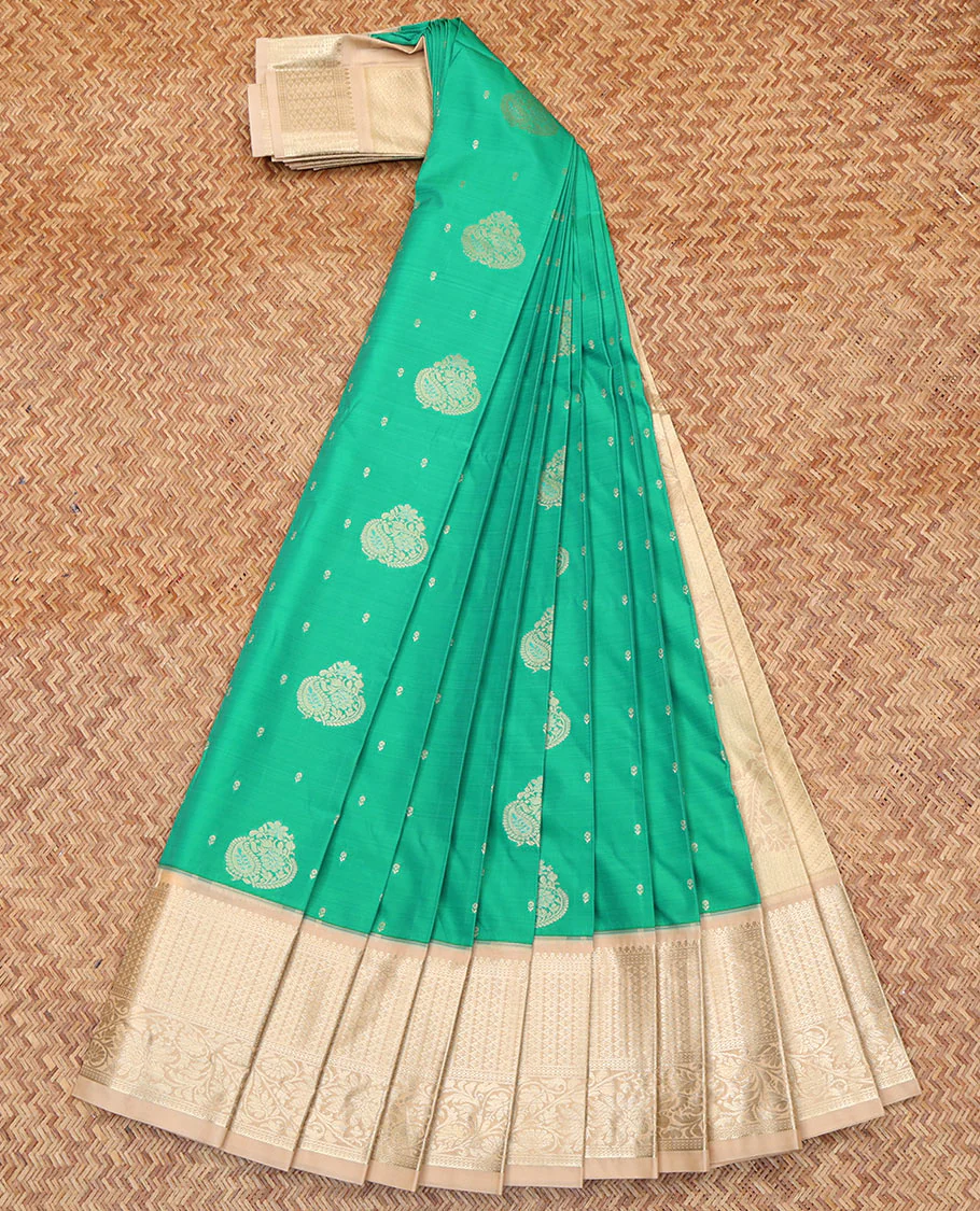 Green Budget Silk Saree, Detailed with Zari Buttas All Over Its Body, Complemented by a Contrast Traditional Zari Border, Pallu of Jaal and Paisleys, and Paired with a Contrast Blouse - Image 2