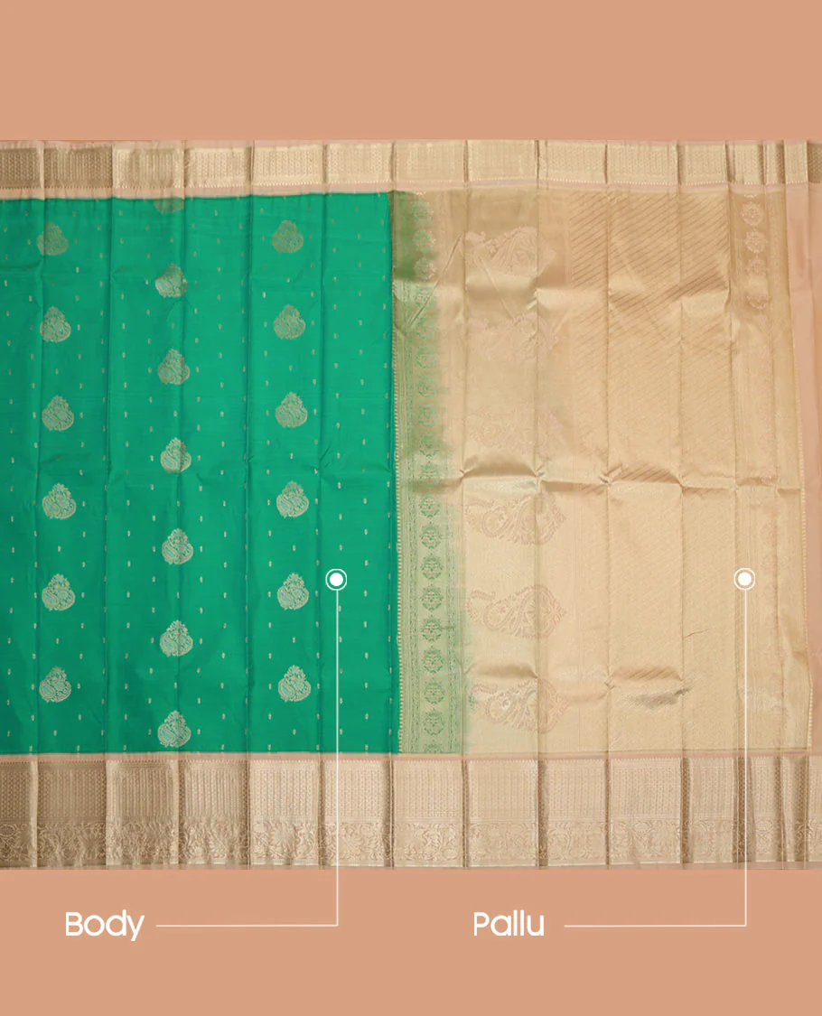 Green Budget Silk Saree, Detailed with Zari Buttas All Over Its Body, Complemented by a Contrast Traditional Zari Border, Pallu of Jaal and Paisleys, and Paired with a Contrast Blouse - Image 3