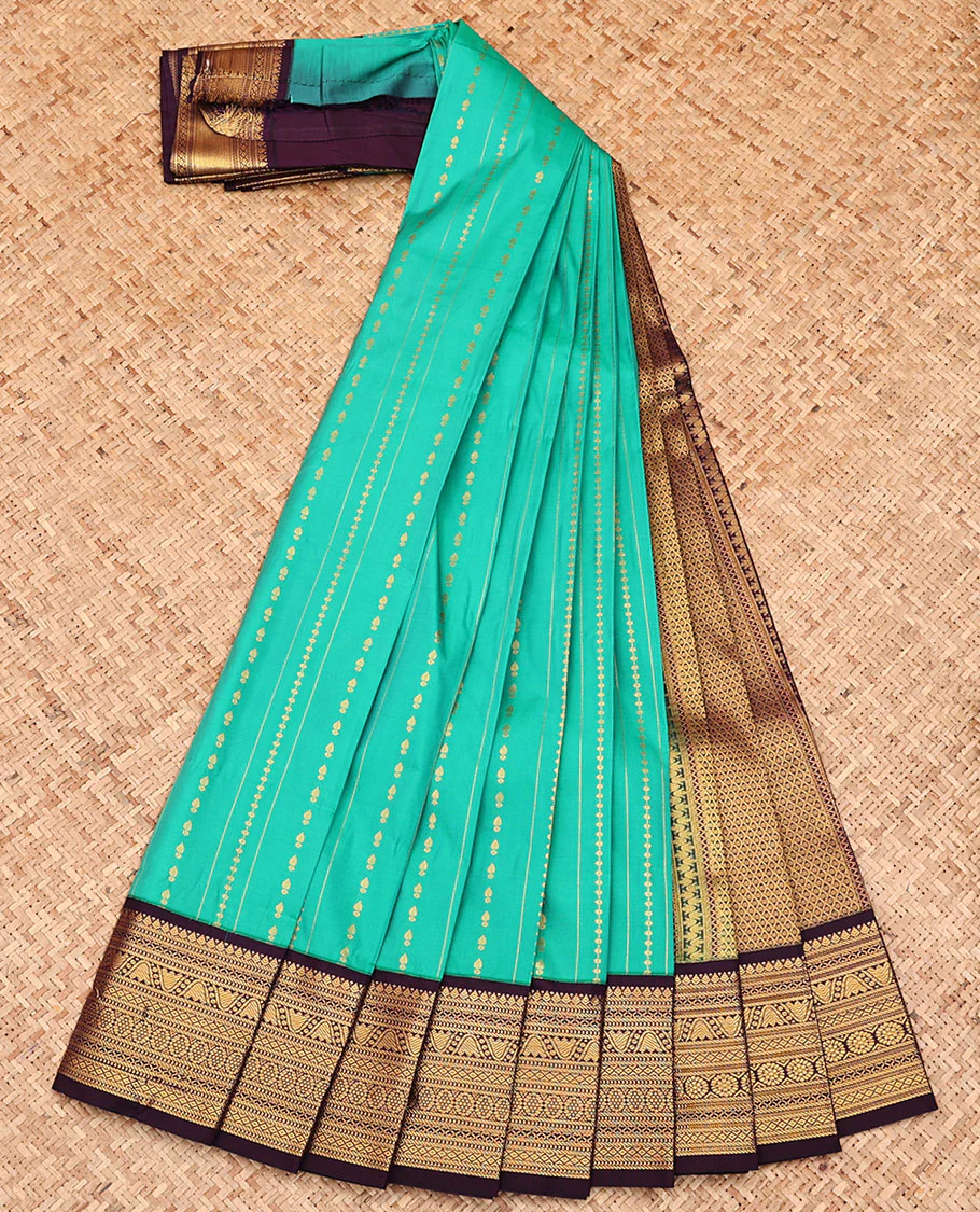 Green Budget Silk Saree, Detailed with Zari Buttas and Stripes All Over Its Body, Complemented by a Contrast Traditional Zari Design Border, Grand Jaal Pallu, and Paired with a Contrast Blouse - Image 2