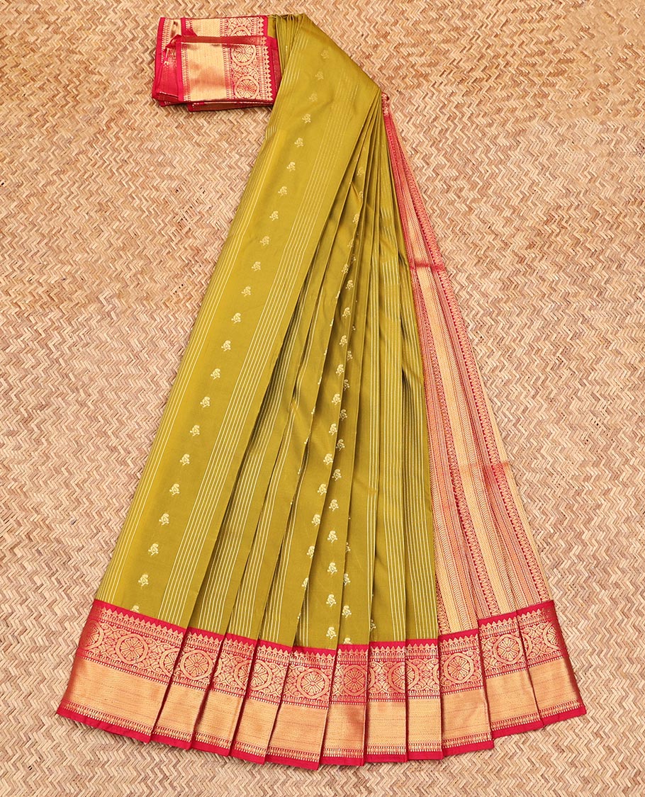 Green Budget Silk Saree, Detailed with Zari Buttas and Stripes on Its Body, Complemented by a Contrast Traditional Zari Design Border, Intricately Designed Pallu, and Paired with a Contrast Blouse - Image 2