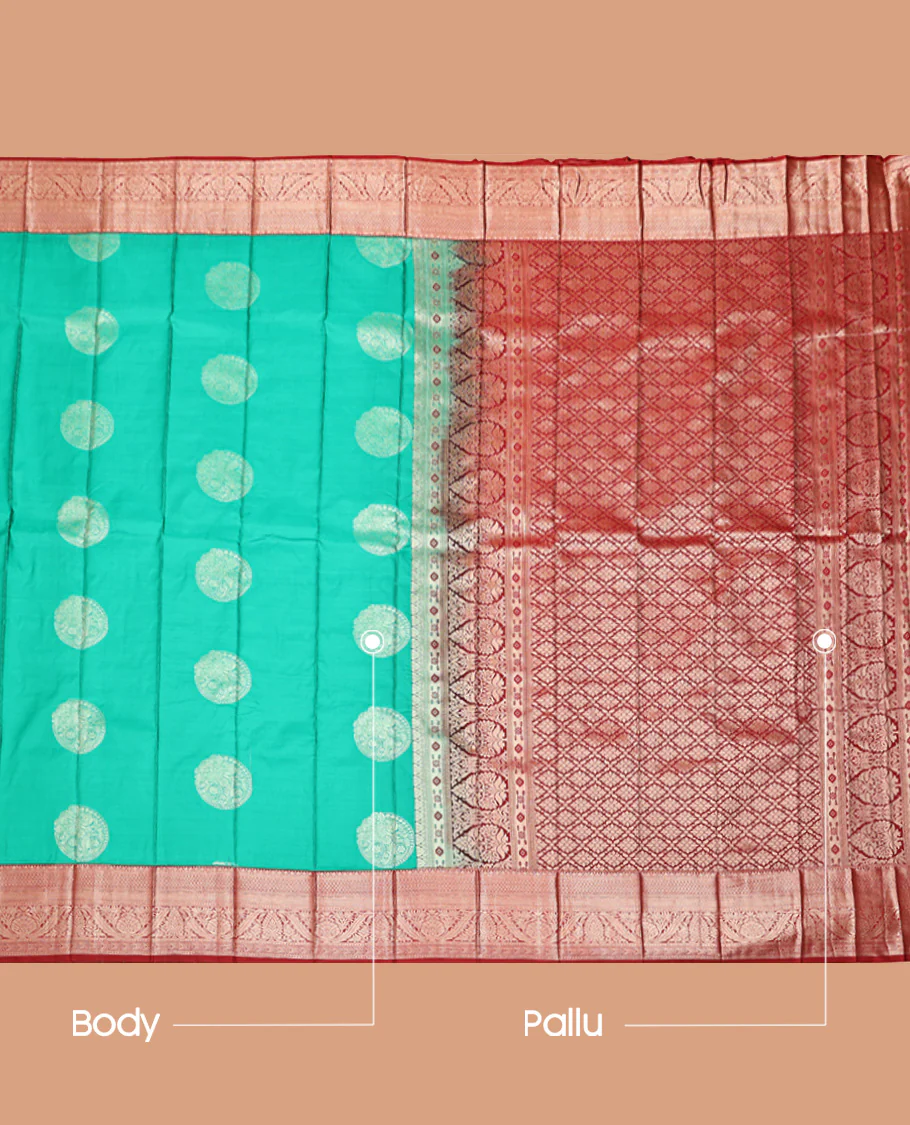 Green Budget Silk Saree, Detailed with Zari Buttas, Captivating Contrast Traditional Zari Design Border, Grand Jaal Pallu, and Has a Contrast Blouse - Image 3