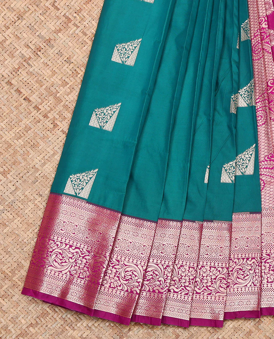 Green Budget Silk Saree, Detailed with Zari Buttas, Complemented by a Contrast Traditional Zari Border, Pallu of Paisleys, and a Contrast Blouse