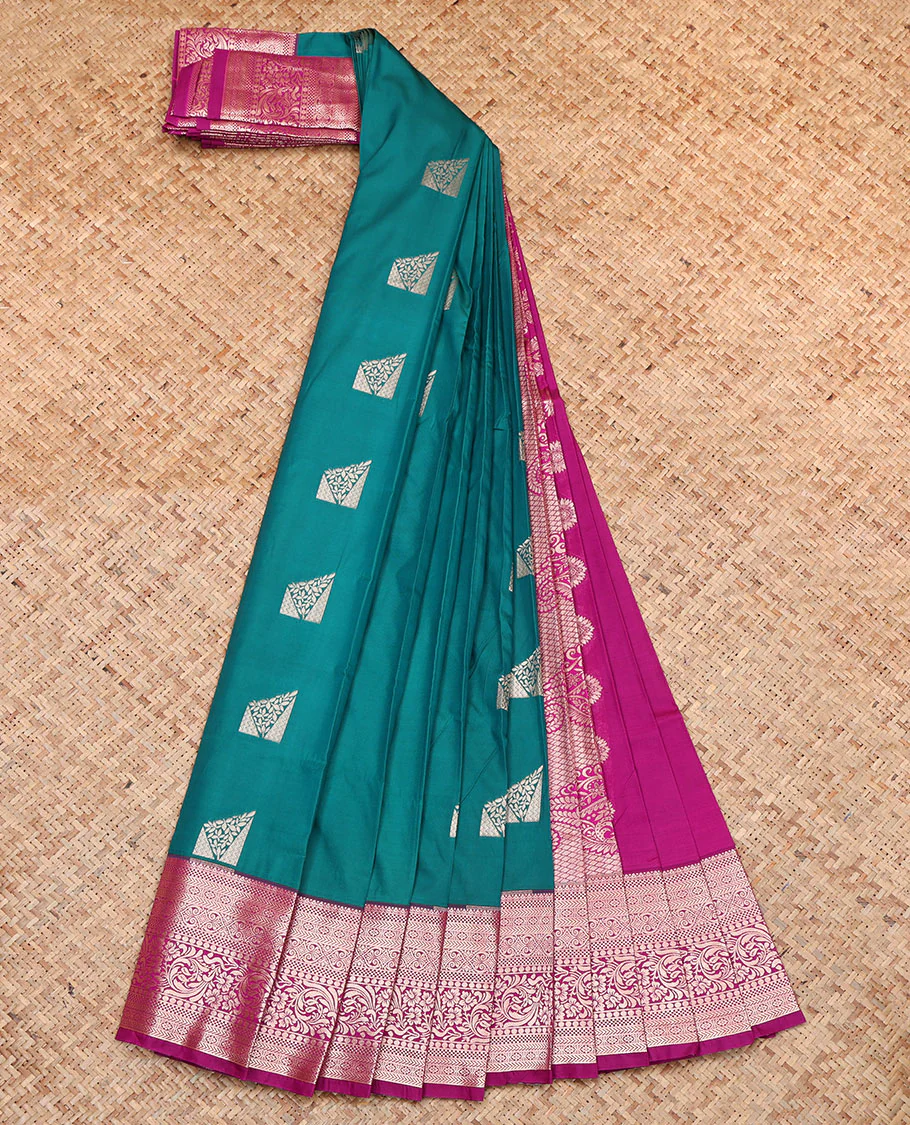 Green Budget Silk Saree, Detailed with Zari Buttas, Complemented by a Contrast Traditional Zari Border, Pallu of Paisleys, and a Contrast Blouse - Image 2