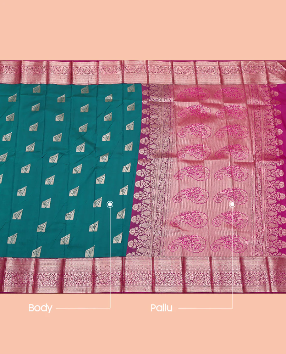 Green Budget Silk Saree, Detailed with Zari Buttas, Complemented by a Contrast Traditional Zari Border, Pallu of Paisleys, and a Contrast Blouse - Image 3