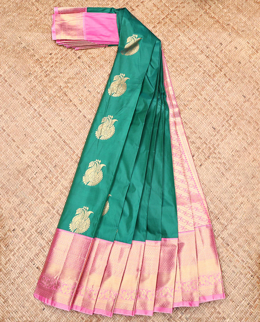 Green Budget Silk Saree, Detailed with Zari Buttas, Contrast Traditional Zari Border, Intricately Designed Pallu, and a Contrast Blouse - Image 2