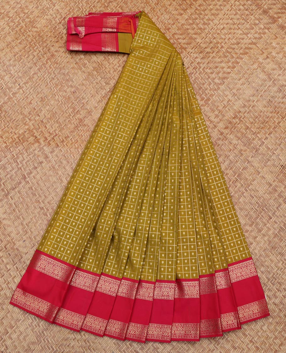 Green Budget Silk Saree, Elevated with Zari Butta Enclosed Checks On Its Body, Complemented by Contrast Traditional Zari Designs Woven Rettai Pettu Border, Grand Jaal Pallu and Paired with a Contrast Blouse - Image 2