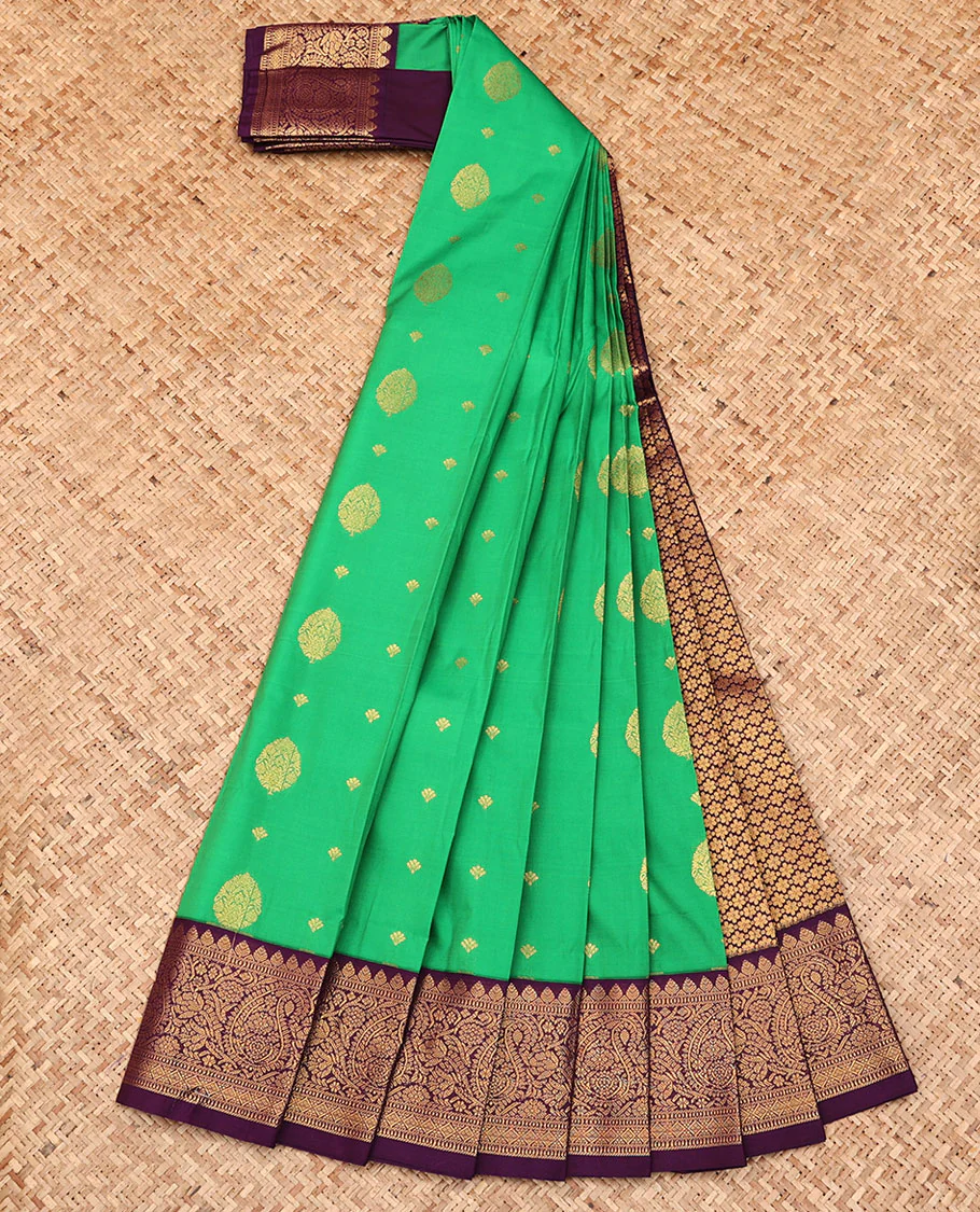 Green Budget Silk Saree, Elevated with Zari Buttas All Over Its Body, Complemented by a Contrast Traditional Zari Border of Paisley Designs, Grand Jaal Pallu, and Paired with a Contrast Blouse - Image 2