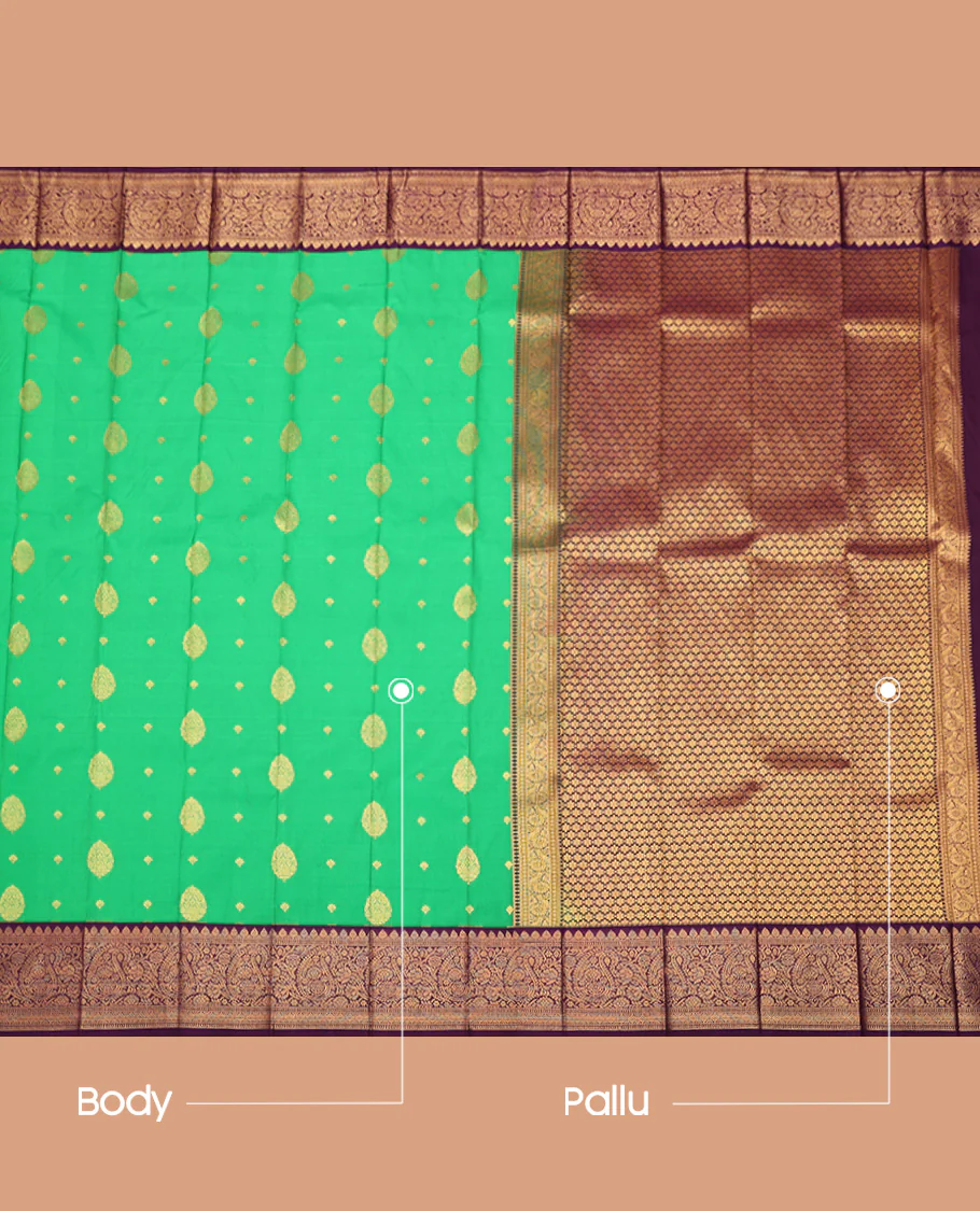 Green Budget Silk Saree, Elevated with Zari Buttas All Over Its Body, Complemented by a Contrast Traditional Zari Border of Paisley Designs, Grand Jaal Pallu, and Paired with a Contrast Blouse - Image 3