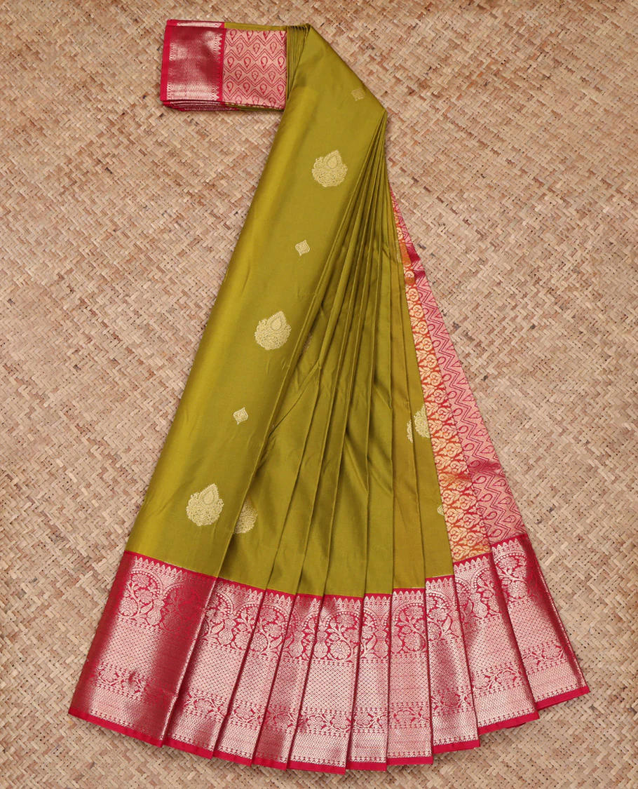 Green Budget Silk Saree, Elevated with Zari Buttas on Its Body, Complemented by a Contrast Traditional Zari Design Border, Grand Pallu, and Paired with a Contrast Blouse - Image 2