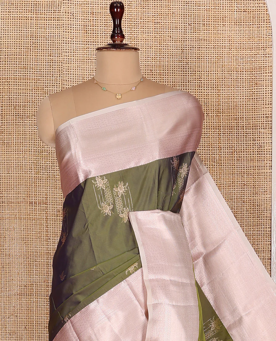 Green Budget Silk Saree, Elevated with Zari Designs All Over Its Body, Complemented by a Contrast Border of Traditional Designs Woven in Zari, Pallu Detailed with Chevron Designs, and Paired with a Contrast Blouse - Image 2