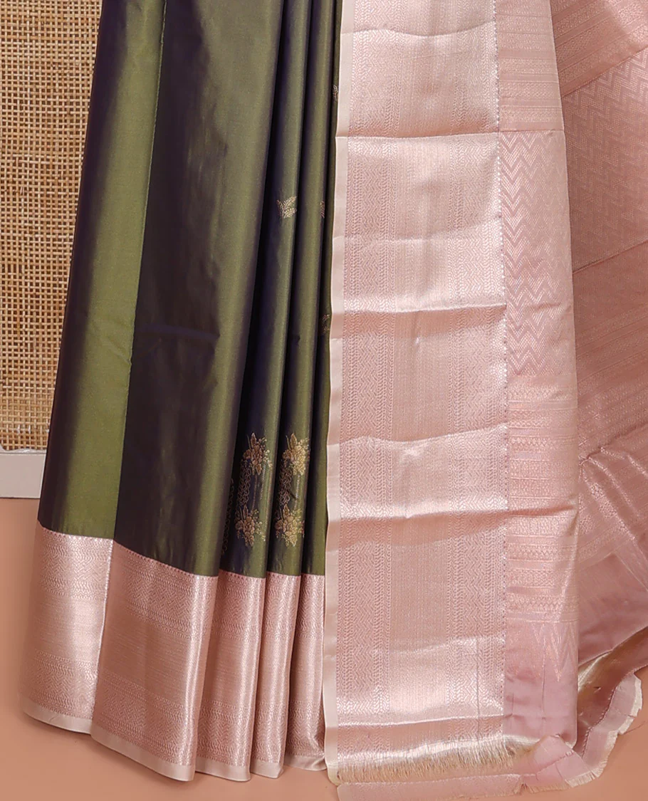 Green Budget Silk Saree, Elevated with Zari Designs All Over Its Body, Complemented by a Contrast Border of Traditional Designs Woven in Zari, Pallu Detailed with Chevron Designs, and Paired with a Contrast Blouse - Image 3