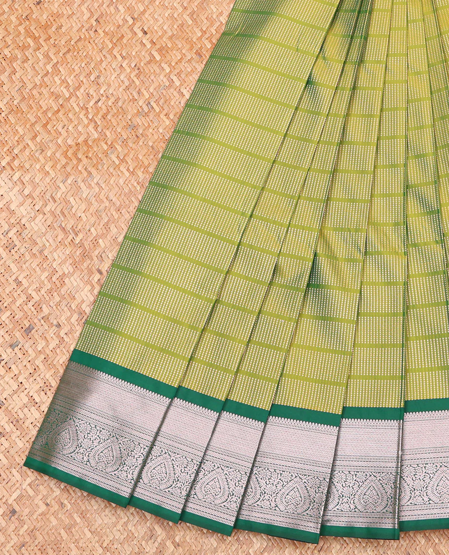 Green Budget Silk Saree, Embellished with Micro-Buttas on Its Body, Complemented by a Contrast Traditional Zari Design Border, Grand Jaal Pallu, and Paired with a Contrast Blouse