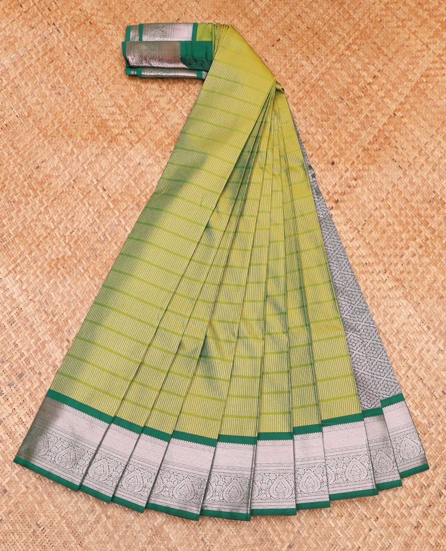 Green Budget Silk Saree, Embellished with Micro-Buttas on Its Body, Complemented by a Contrast Traditional Zari Design Border, Grand Jaal Pallu, and Paired with a Contrast Blouse - Image 2