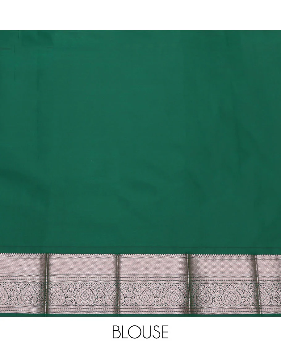 Green Budget Silk Saree, Embellished with Micro-Buttas on Its Body, Complemented by a Contrast Traditional Zari Design Border, Grand Jaal Pallu, and Paired with a Contrast Blouse - Image 4