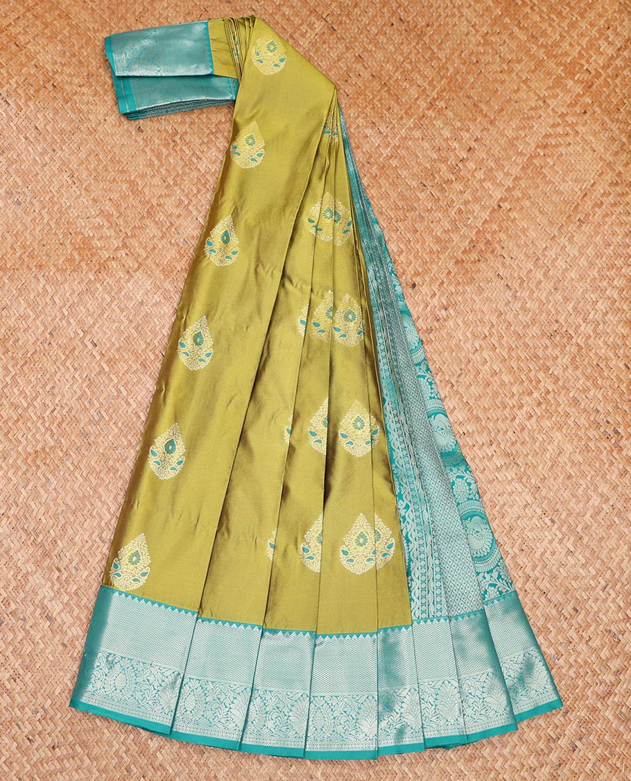 Green Budget Silk Saree, Embellished with Zari Buttas All Over Its Body, Complemented by a Contrast Traditional Zari Design Border, Jaal Pallu, and Paired with a Contrast Blouse - Image 2