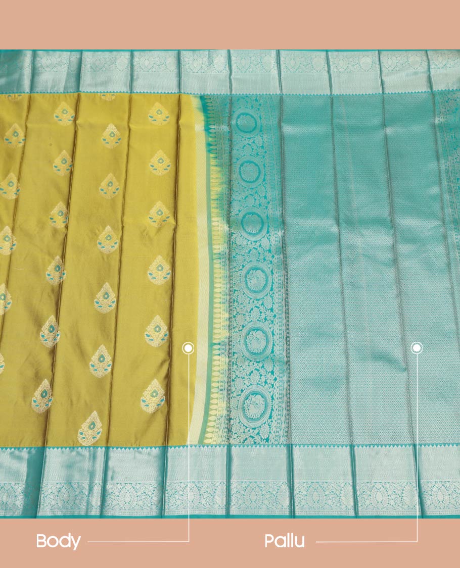 Green Budget Silk Saree, Embellished with Zari Buttas All Over Its Body, Complemented by a Contrast Traditional Zari Design Border, Jaal Pallu, and Paired with a Contrast Blouse - Image 3
