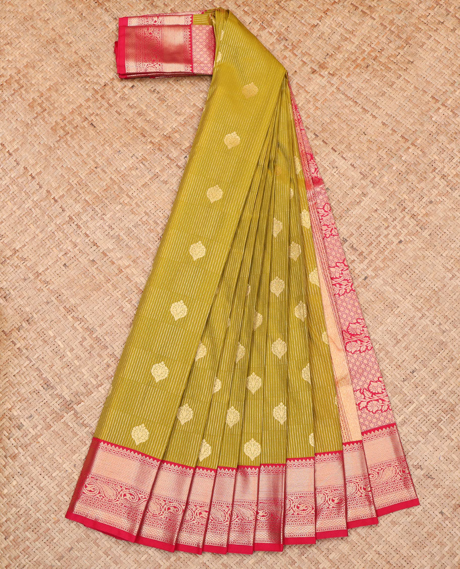 Green Budget Silk Saree, Embellished with Zari Buttas and Stripes All Over Its Body, Complemented by a Contrast Traditional Zari Design Border of Paisleys, Majestically Detailed Pallu, and Paired with a Contrast Blouse - Image 2