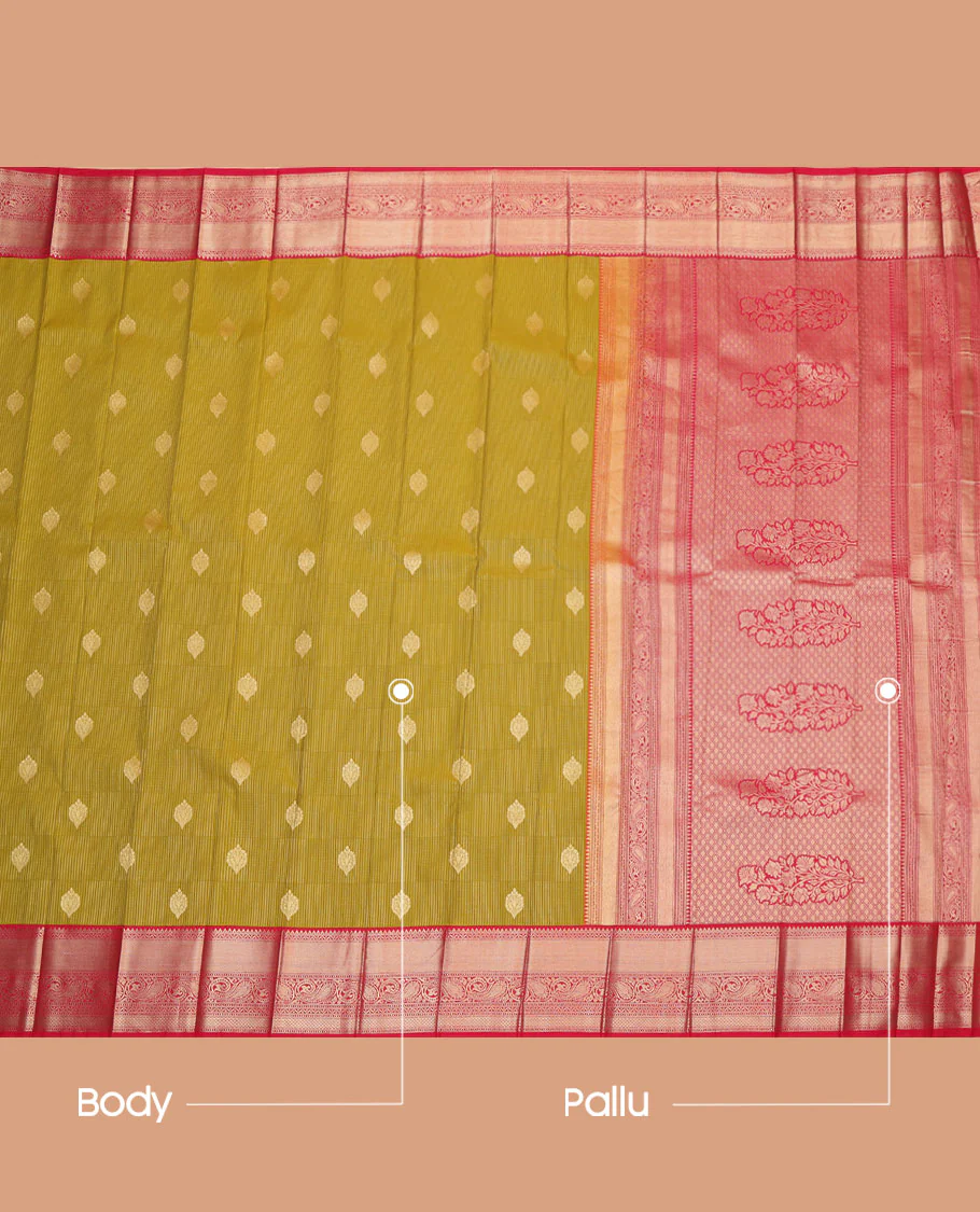 Green Budget Silk Saree, Embellished with Zari Buttas and Stripes All Over Its Body, Complemented by a Contrast Traditional Zari Design Border of Paisleys, Majestically Detailed Pallu, and Paired with a Contrast Blouse - Image 3