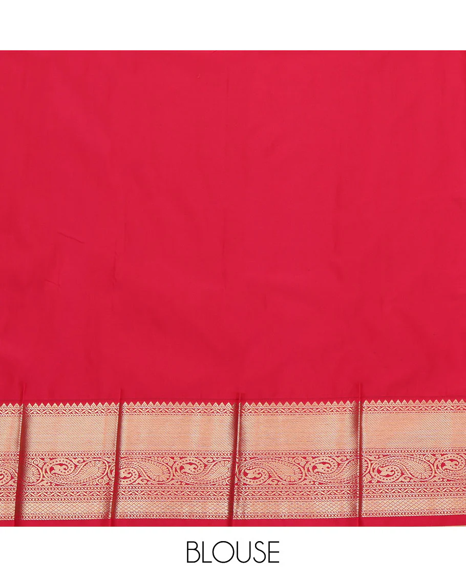 Green Budget Silk Saree, Embellished with Zari Buttas and Stripes All Over Its Body, Complemented by a Contrast Traditional Zari Design Border of Paisleys, Majestically Detailed Pallu, and Paired with a Contrast Blouse - Image 4