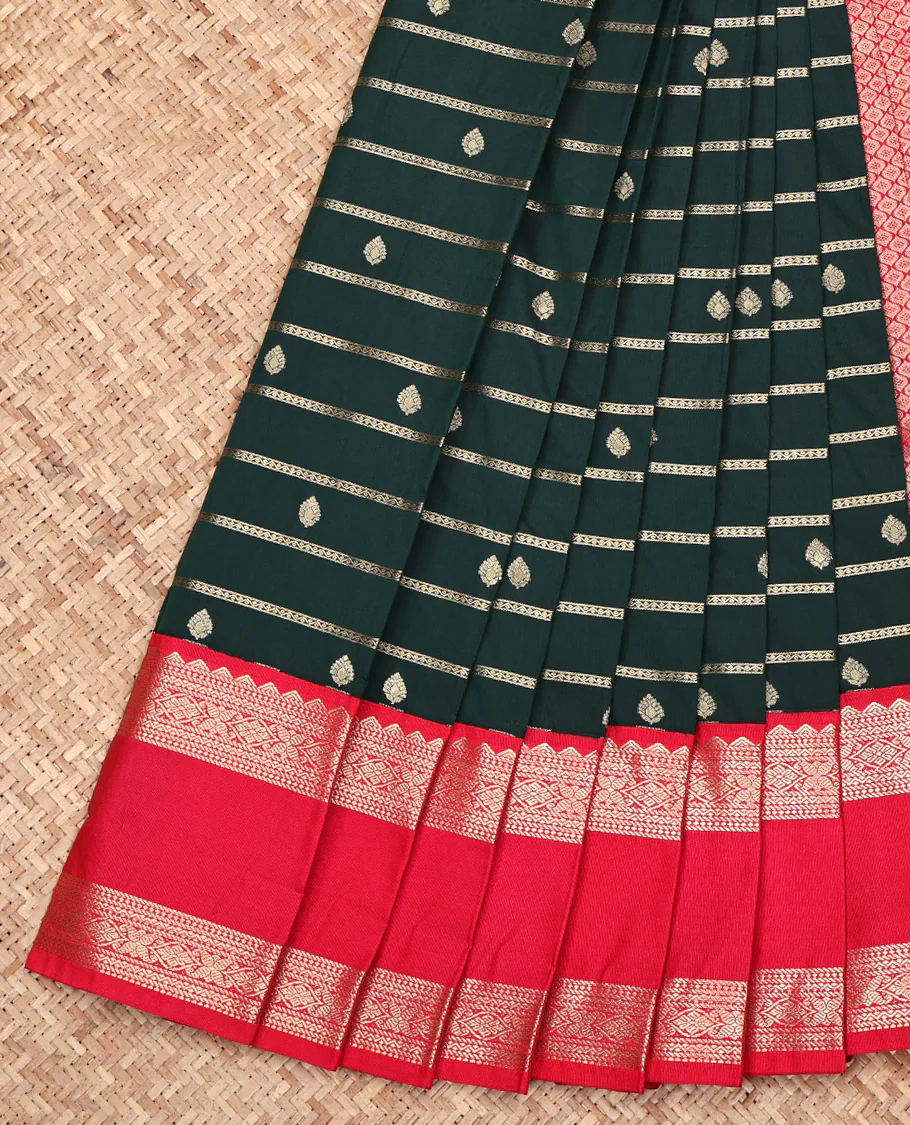 Green Budget Silk Saree, Embellished with Zari Buttas and Stripes All Over Its Body, Complemented by a Contrast Traditional Zari Design Rettai Pettu Border, Grand Jaal Pallu, and Paired with a Contrast Blouse
