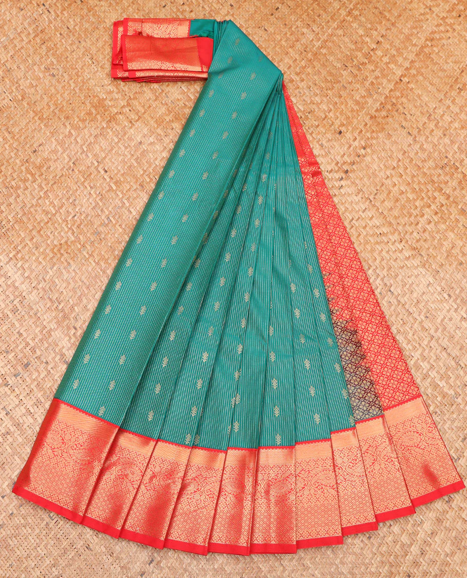 Green Budget Silk Saree, Embellished with Zari Buttas and Stripes on Its Body, Complemented by a Contrast Traditional Zari Design Border, Grand Jaal Pallu, and Paired with a Contrast Blouse - Image 2