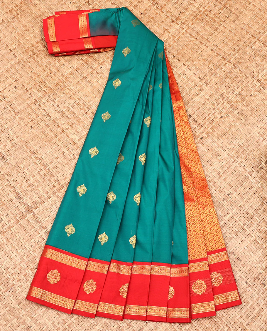 Green Budget Silk Saree, Enriched with Zari Buttas All Over Its Body, Complemented by a Contrast Traditional Zari Design Border, Grand Jaal Pallu, and Paired with a Contrast Blouse - Image 2