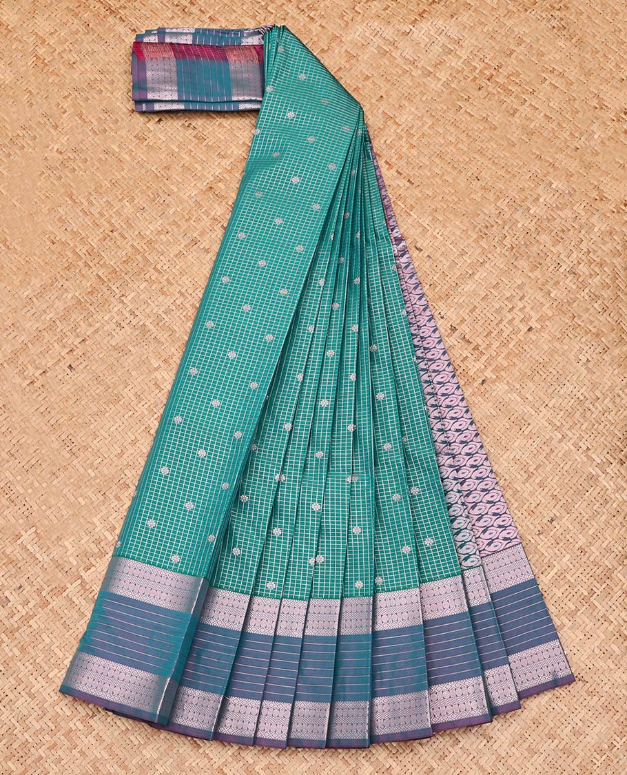 Green Budget Silk Saree, Enriched with Zari Buttas and Checks, Complemented by Contrast Traditional Zari Border, Grand Pallu, and a Contrast Blouse - Image 2