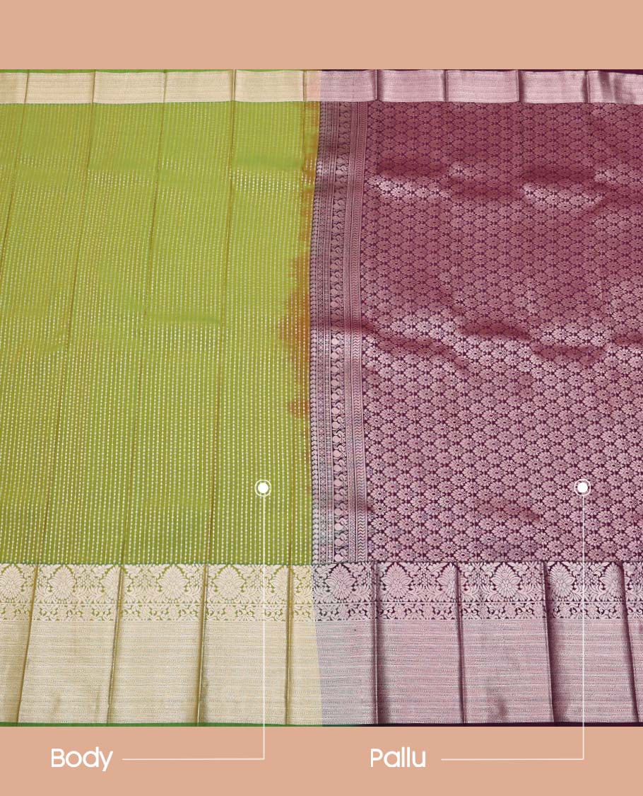 Green Budget Silk Saree, Entralled with Zari Stripes On Its Body, Highlighted by Traditional Zari Designs Woven Border, Grandly Decked Up Pallu and Paired with a Contrast Blouse - Image 3