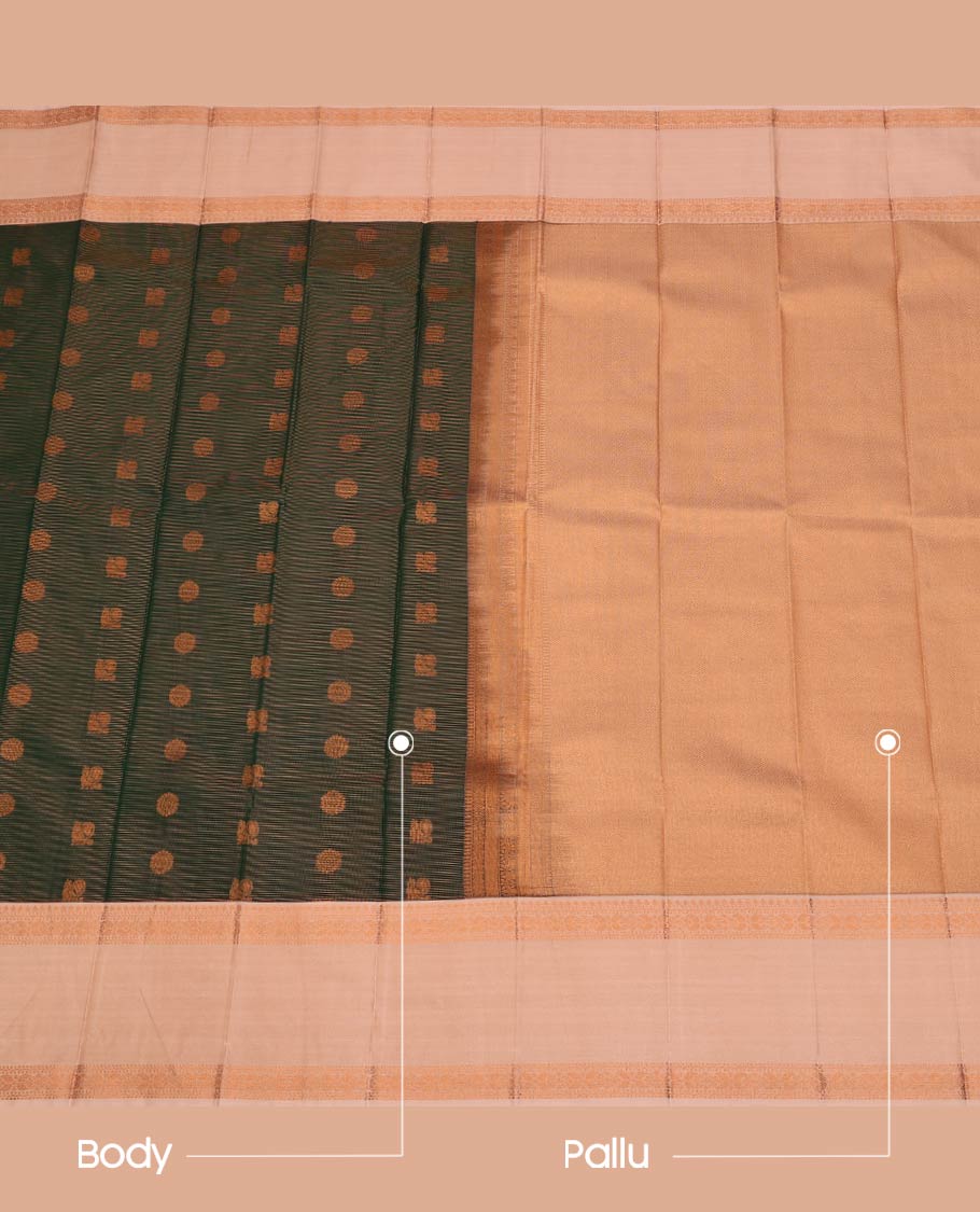 Green Budget Silk Saree, Featuring Peacock-Chakram Buttas and Stripes on Its Body, Complemented by a Contrast Traditional Zari Design Rettai Pettu Border, a Grand Pallu, and Paired with a Contrast Blouse - Image 3