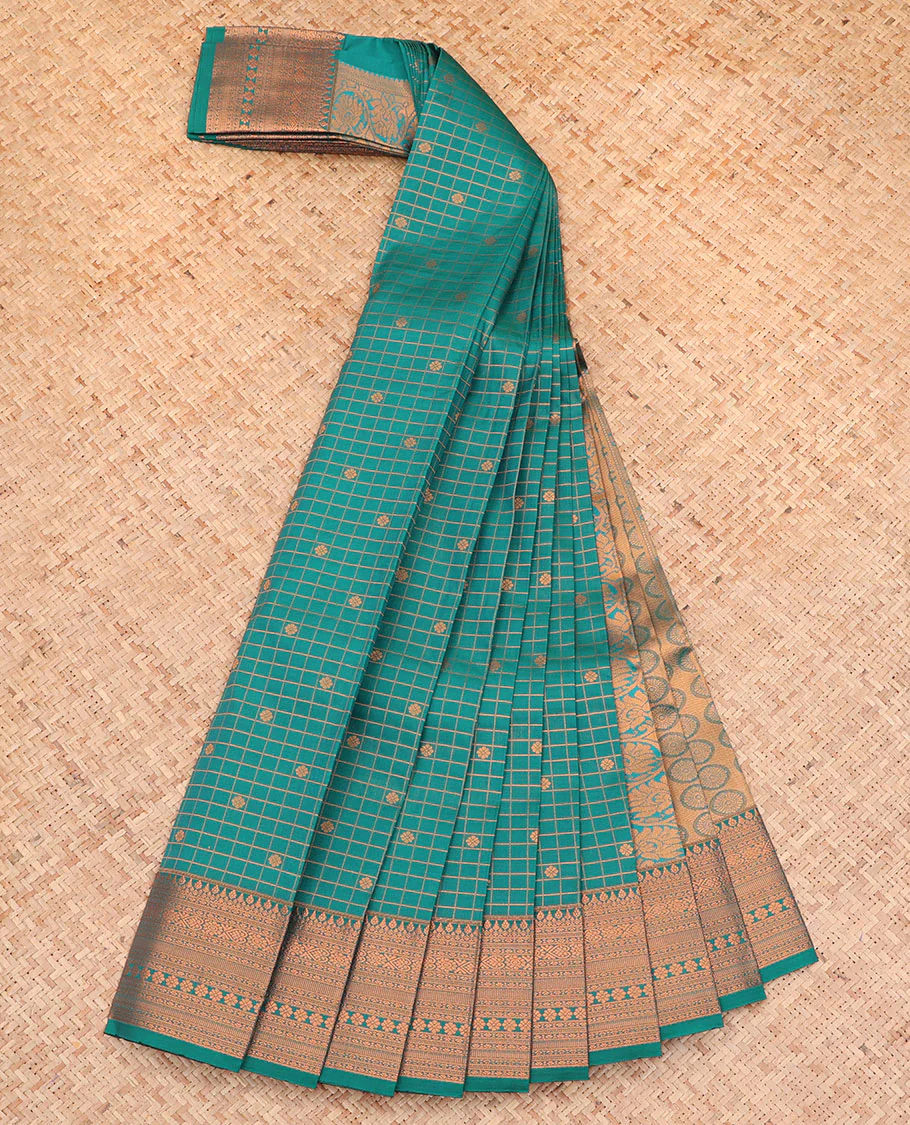 Green Budget Silk Saree, Gleamed Up with Zari Buttas and Checks All Over Its Body, Highlighted by a Traditional Zari Design Border, Grand Pallu, and Paired with a Matching Blouse - Image 2