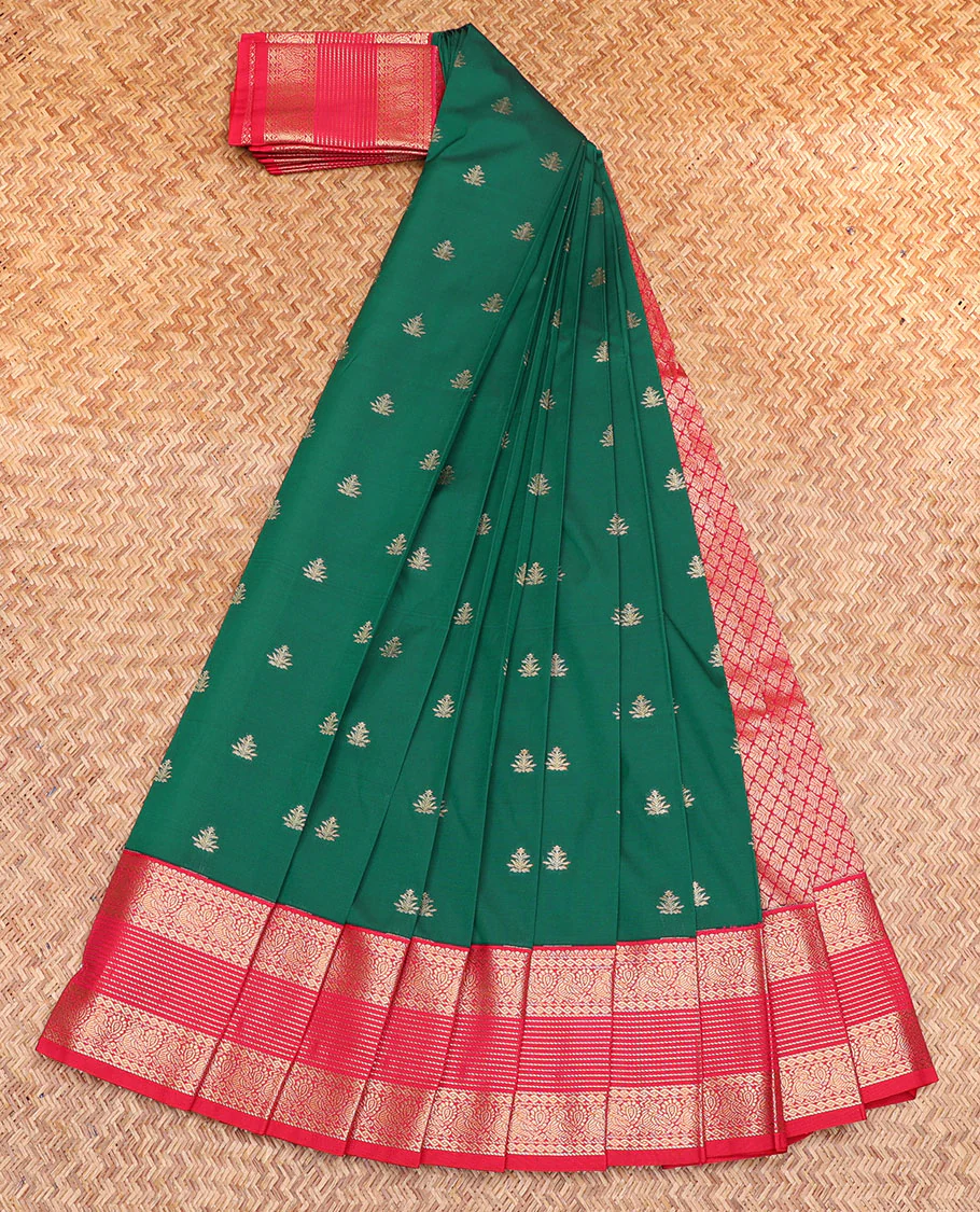 Green Budget Silk Saree, Highlighted by Zari Buttas, Complemented by a Contrast Traditional Border, Jaal Pallu, and a Contrast Blouse - Image 2