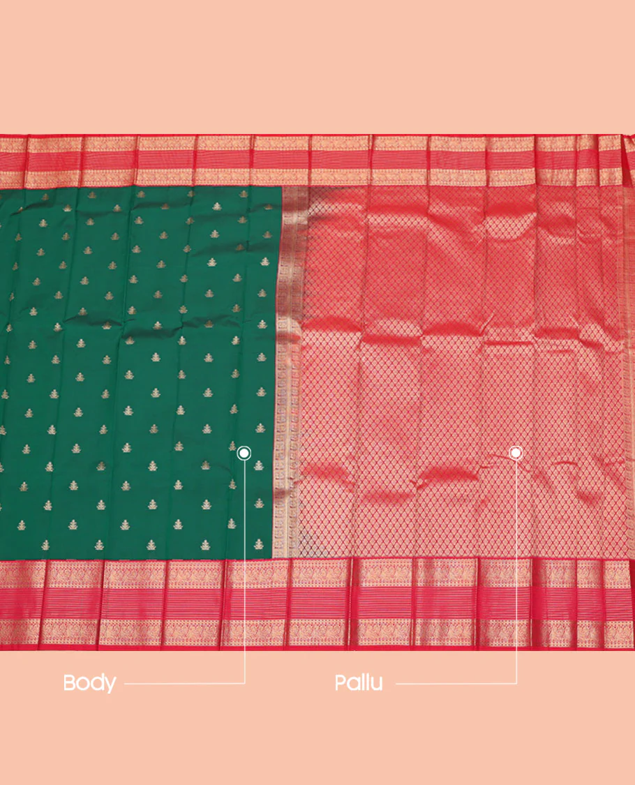 Green Budget Silk Saree, Highlighted by Zari Buttas, Complemented by a Contrast Traditional Border, Jaal Pallu, and a Contrast Blouse - Image 3