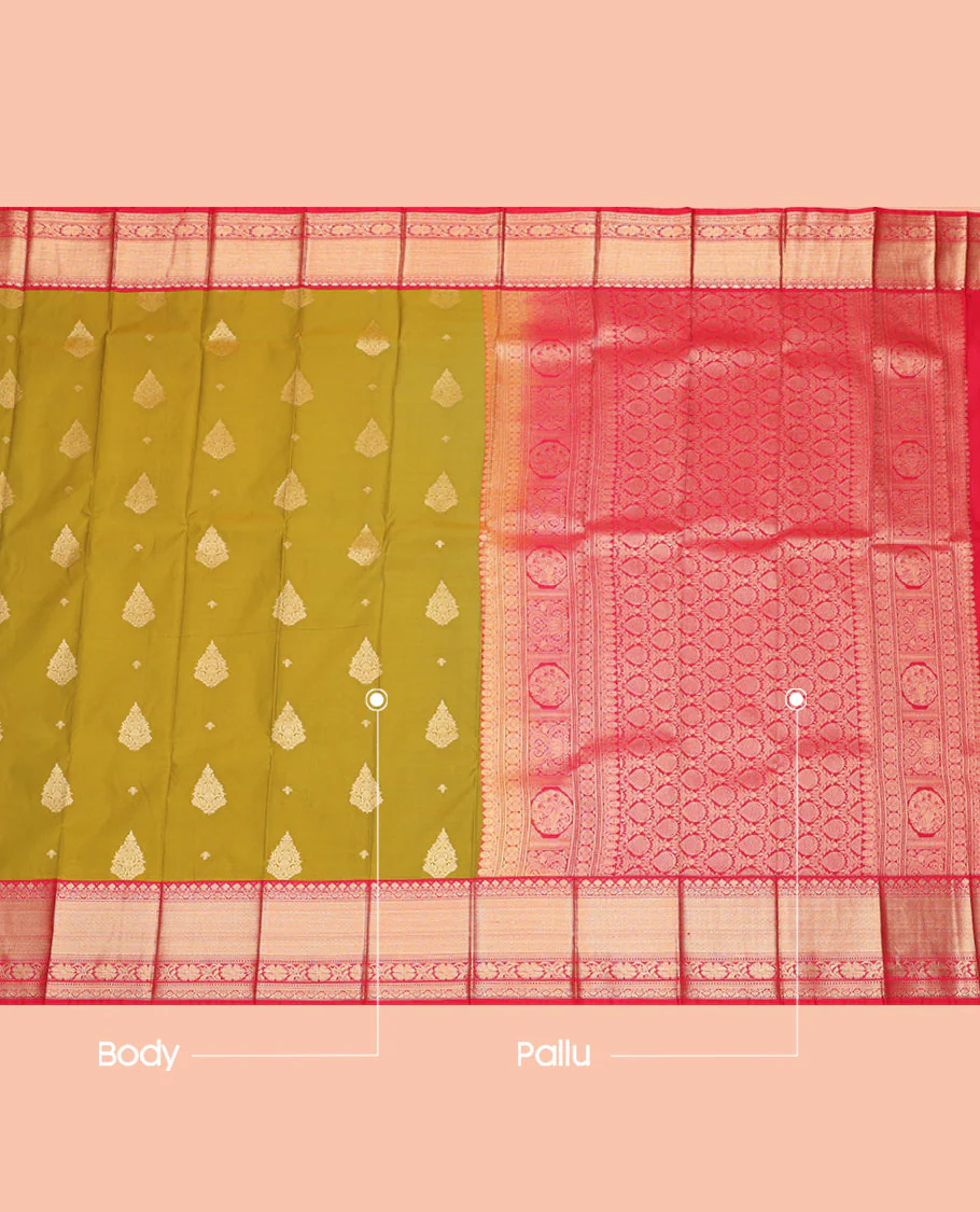 Green Budget Silk Saree, Highlighted by Zari Buttas, Complemented by a Contrast Traditional Design Border, Grand Pallu, and a Contrast Blouse - Image 3