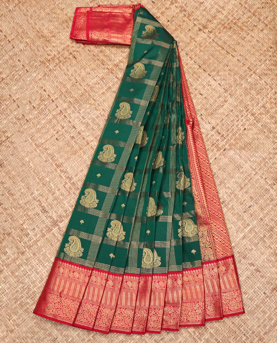 Green Budget Silk Saree, Highlighted with Paisley Butta Enclosed Checks All Over Its Body, Complemented by a Contrast Traditional Zari Design Border, Grand Pallu, and Paired with a Contrast Blouse - Image 2