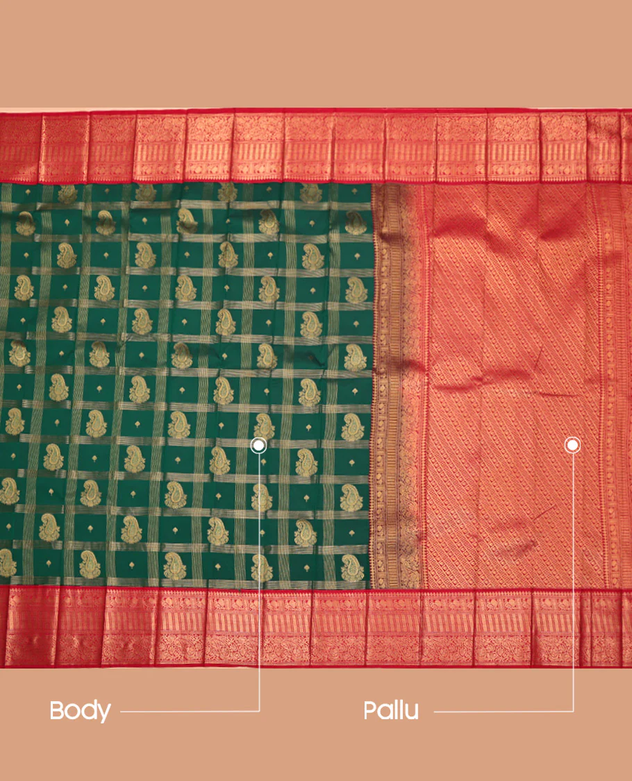 Green Budget Silk Saree, Highlighted with Paisley Butta Enclosed Checks All Over Its Body, Complemented by a Contrast Traditional Zari Design Border, Grand Pallu, and Paired with a Contrast Blouse - Image 3
