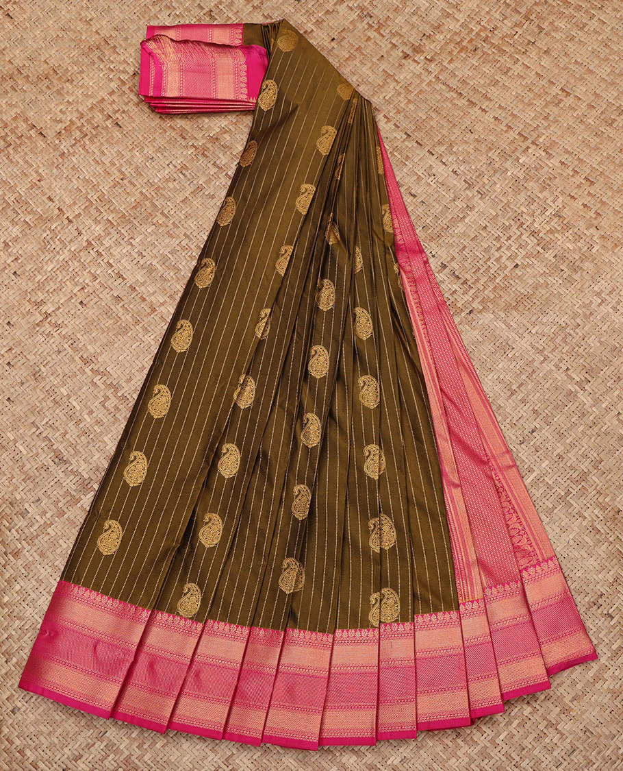 Green Budget Silk Saree, Highlighted with Paisley Buttas and Stripes All Over Its Body, Complemented by a Contrast Traditional Zari Border, Grand Pallu, and Paired with a Contrast Blouse - Image 2