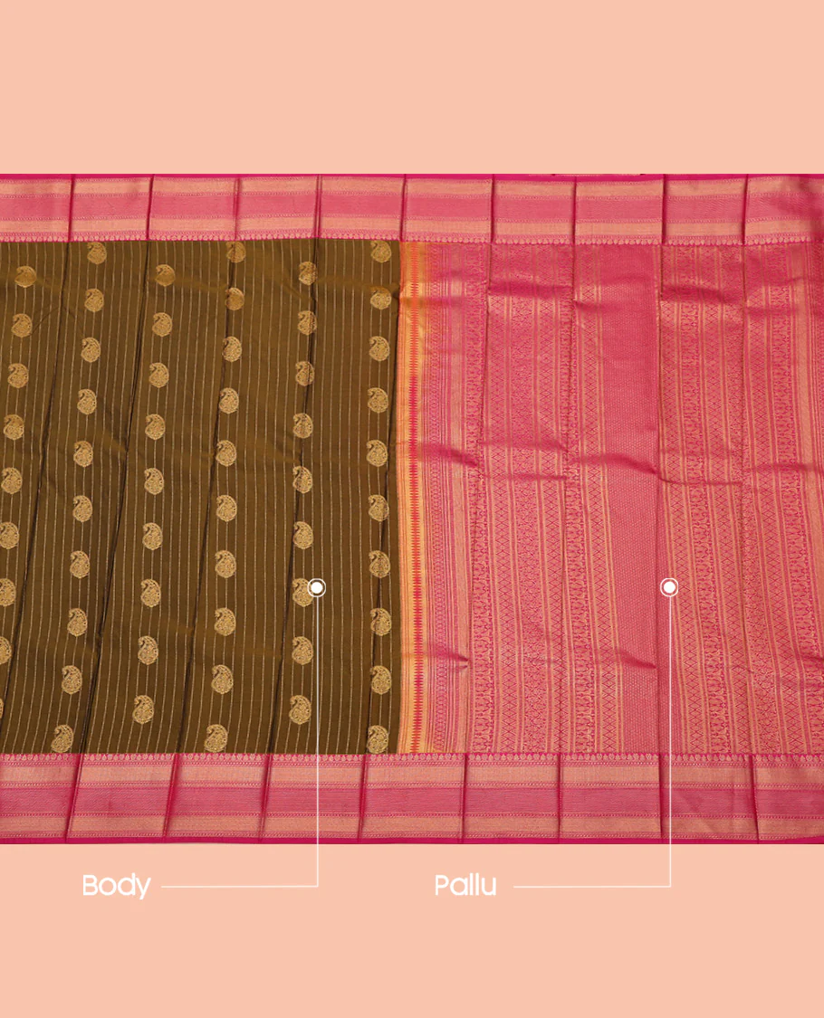 Green Budget Silk Saree, Highlighted with Paisley Buttas and Stripes All Over Its Body, Complemented by a Contrast Traditional Zari Border, Grand Pallu, and Paired with a Contrast Blouse - Image 3