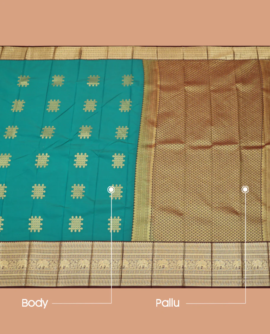 Green Budget Silk Saree, Majestically Detailed with Kolam Buttas, Complemented by a Contrast Traditional Border, Grand Jaal Pallu, and a Contrast Blouse - Image 3