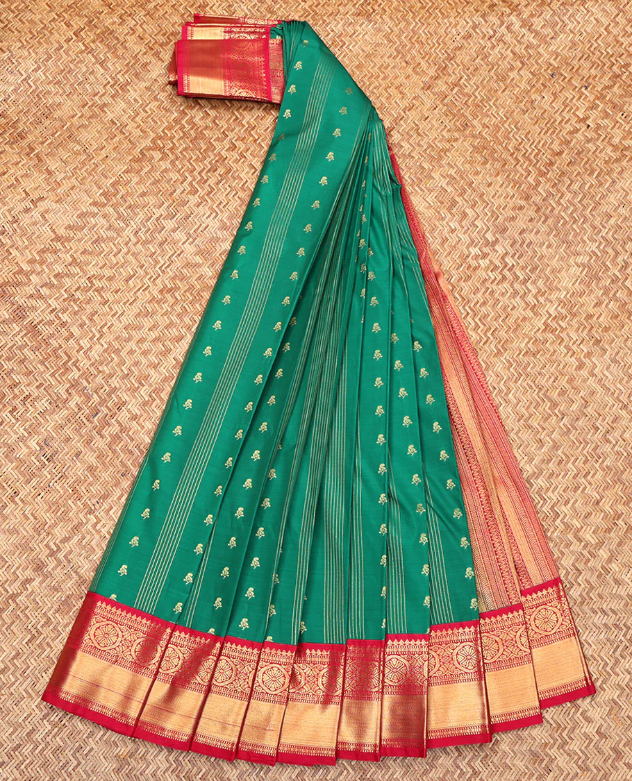 Green Budget Silk Saree, Masterfully Woven with Zari Buttas and Stripes All Over Its Body, Complemented by a Contrast Traditional Zari Design Border, Grand Geometric-Patterns Pallu, and Paired with a Contrast Blouse - Image 2