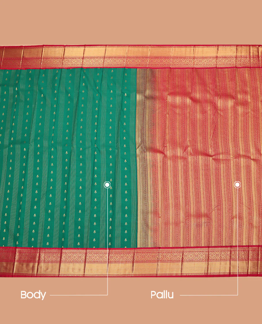 Green Budget Silk Saree, Masterfully Woven with Zari Buttas and Stripes All Over Its Body, Complemented by a Contrast Traditional Zari Design Border, Grand Geometric-Patterns Pallu, and Paired with a Contrast Blouse - Image 3