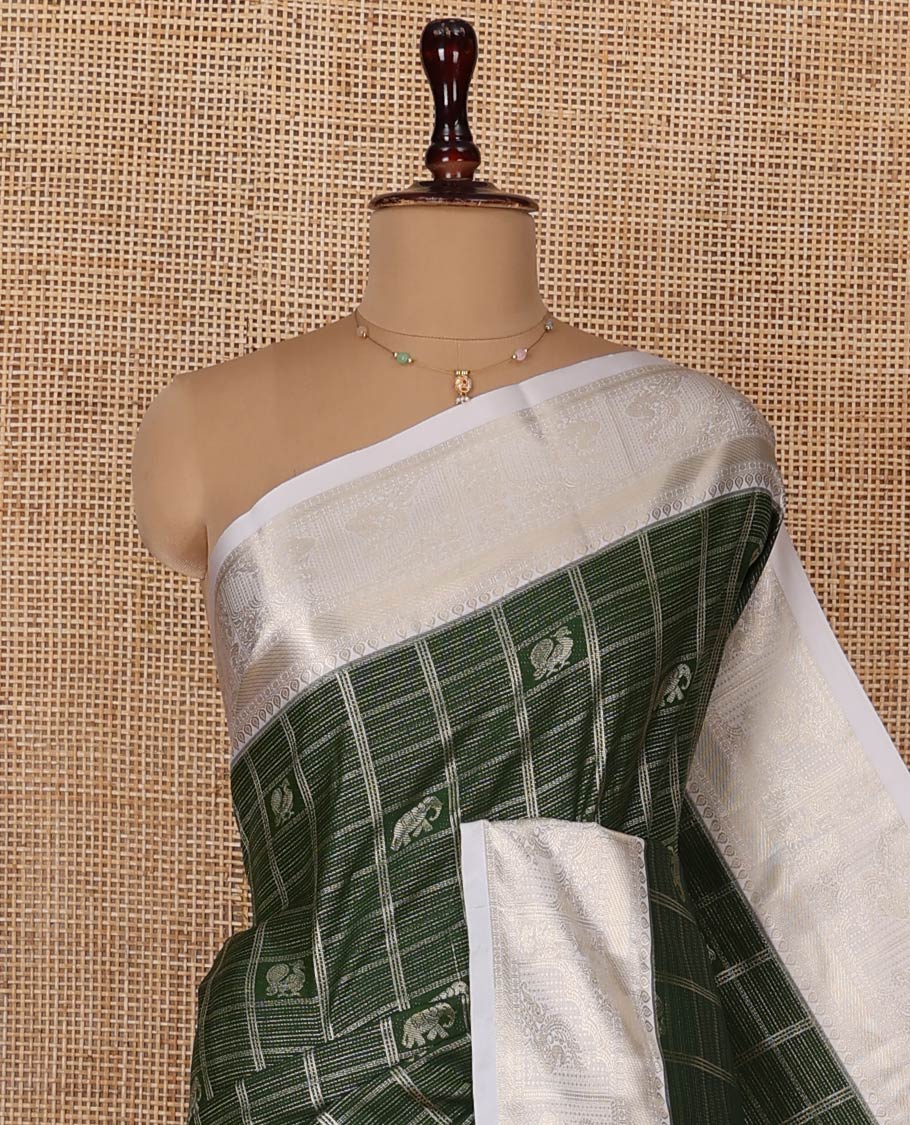Green Budget Silk Saree, Mesmerized with Peacock and Elephant Motif Enclosed Checks, Complemented by a Contrast Traditional Zari Designs Woven Border, Pallu of Jaal Designs, and Paired with a Contrast Blouse - Image 2