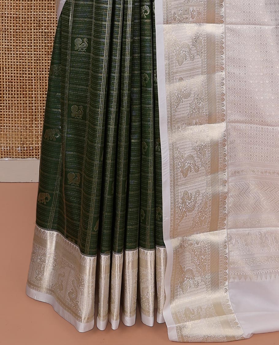 Green Budget Silk Saree, Mesmerized with Peacock and Elephant Motif Enclosed Checks, Complemented by a Contrast Traditional Zari Designs Woven Border, Pallu of Jaal Designs, and Paired with a Contrast Blouse - Image 3