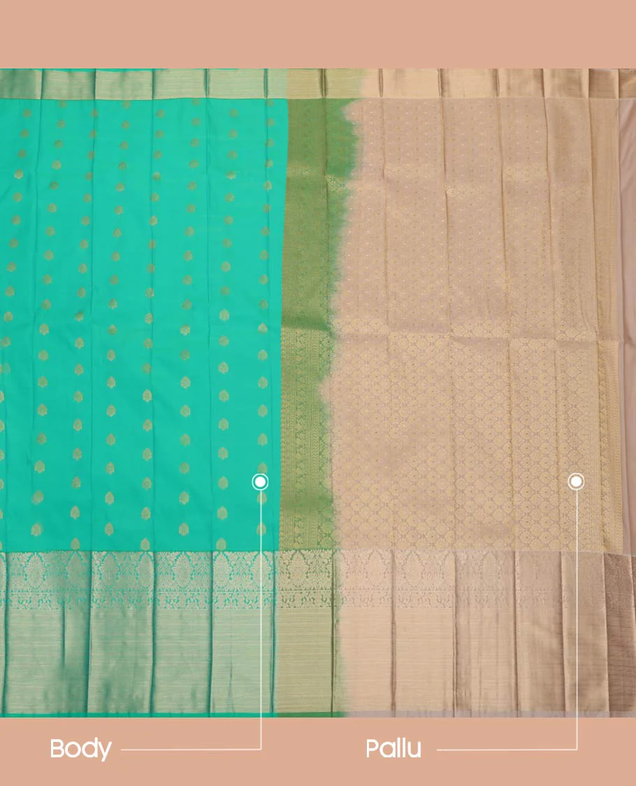 Green Budget Silk Saree, Mesmerized with Zari Buttas All Over Its Body, Complemented by Contrast Traditional Zari Designs Woven Border, Grand Pallu and Paired with a Contrast Blouse - Image 3