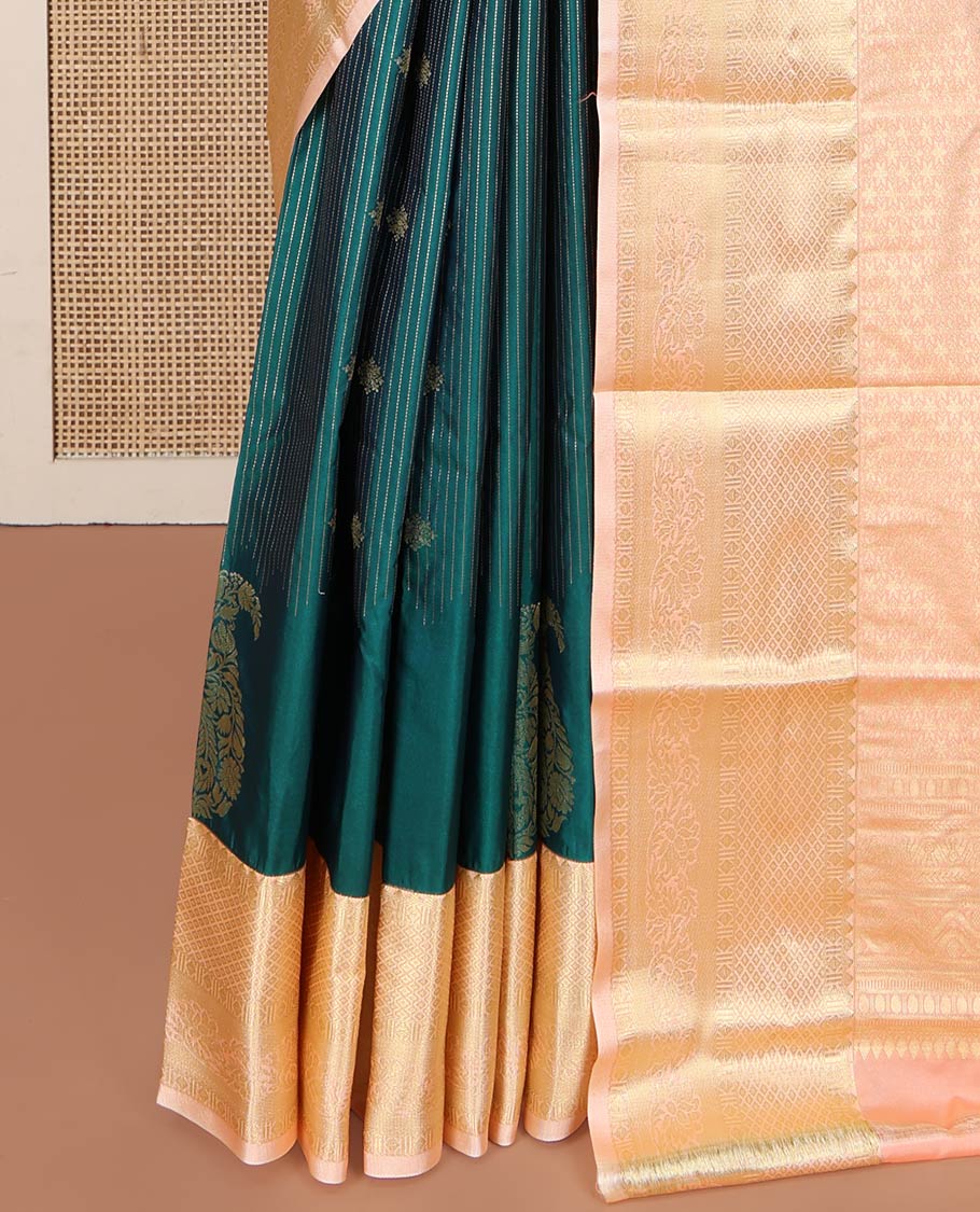 Green Budget Silk Saree, Mesmerized with Zari Buttas and Stripes All Over Its Body, Complemented by a Contrast Traditional Zari Design Border, Intricately Designed Pallu, and Paired with a Contrast Blouse - Image 3