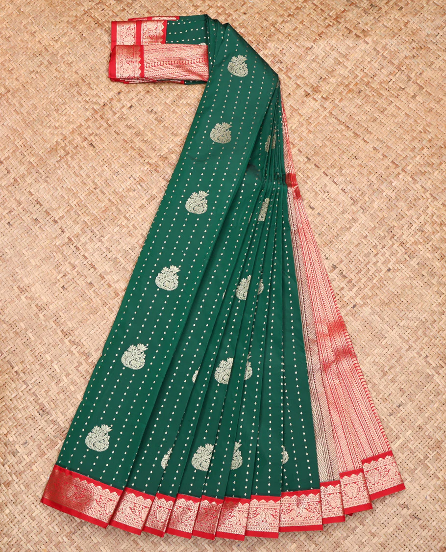 Green Budget Silk Saree, Mesmerized with Zari Buttas, Captivating Contrast Traditional Zari Design Border, Geometric-Patterned Pallu, and a Contrast Blouse - Image 2