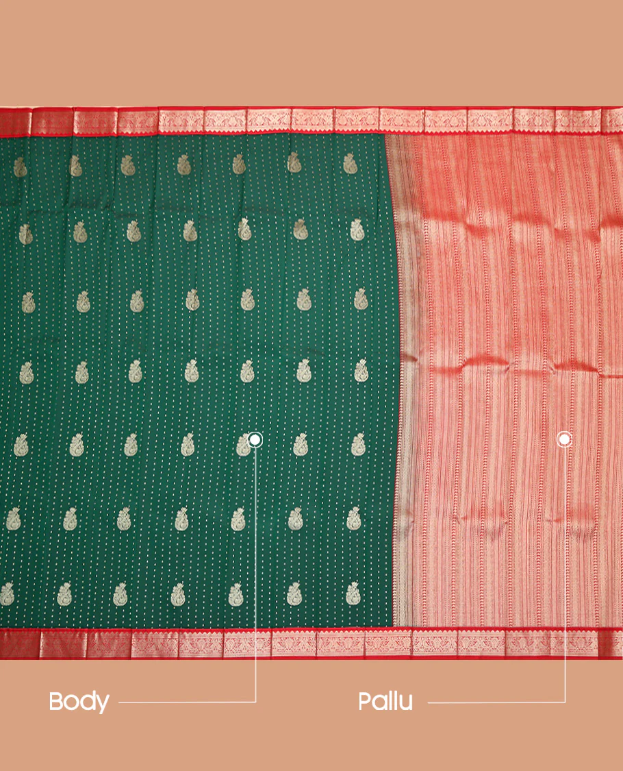 Green Budget Silk Saree, Mesmerized with Zari Buttas, Captivating Contrast Traditional Zari Design Border, Geometric-Patterned Pallu, and a Contrast Blouse - Image 3