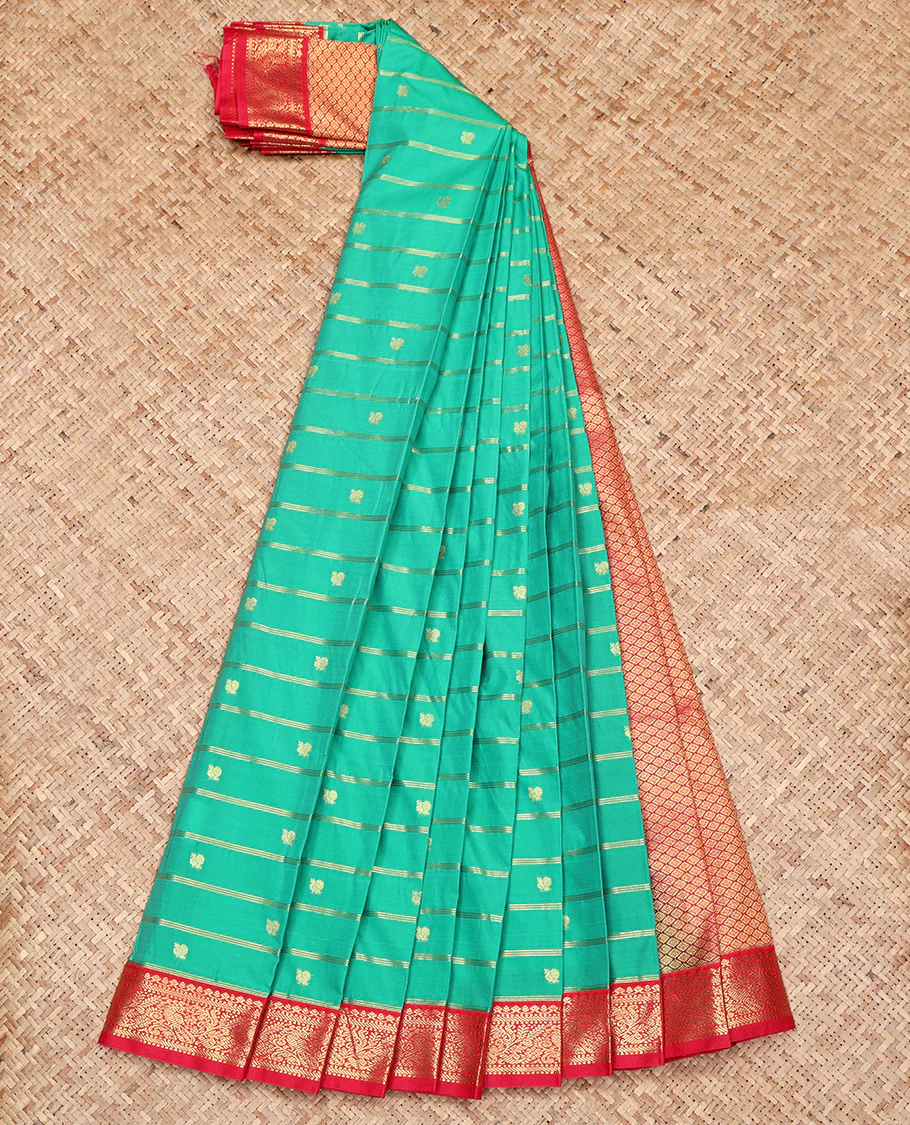 Green Budget Silk Saree, Ornamented with Peacock Buttas and Zari Stripes on Its Body, Complemented by a Contrast Traditional Zari Design Border, Grand Jaal Pallu, and Paired with a Contrast Blouse - Image 2